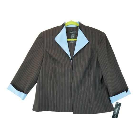 NWT Vintage Perceptions Petite Brown And Blue Striped Open Blazer 16 Petite - Picture 1 of 5